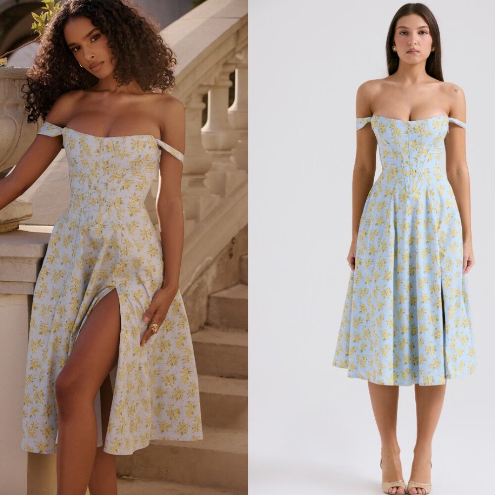 House of CB 'Saira' Soft Blue Vintage Floral Print Cotton Midi Sundress NWOT
